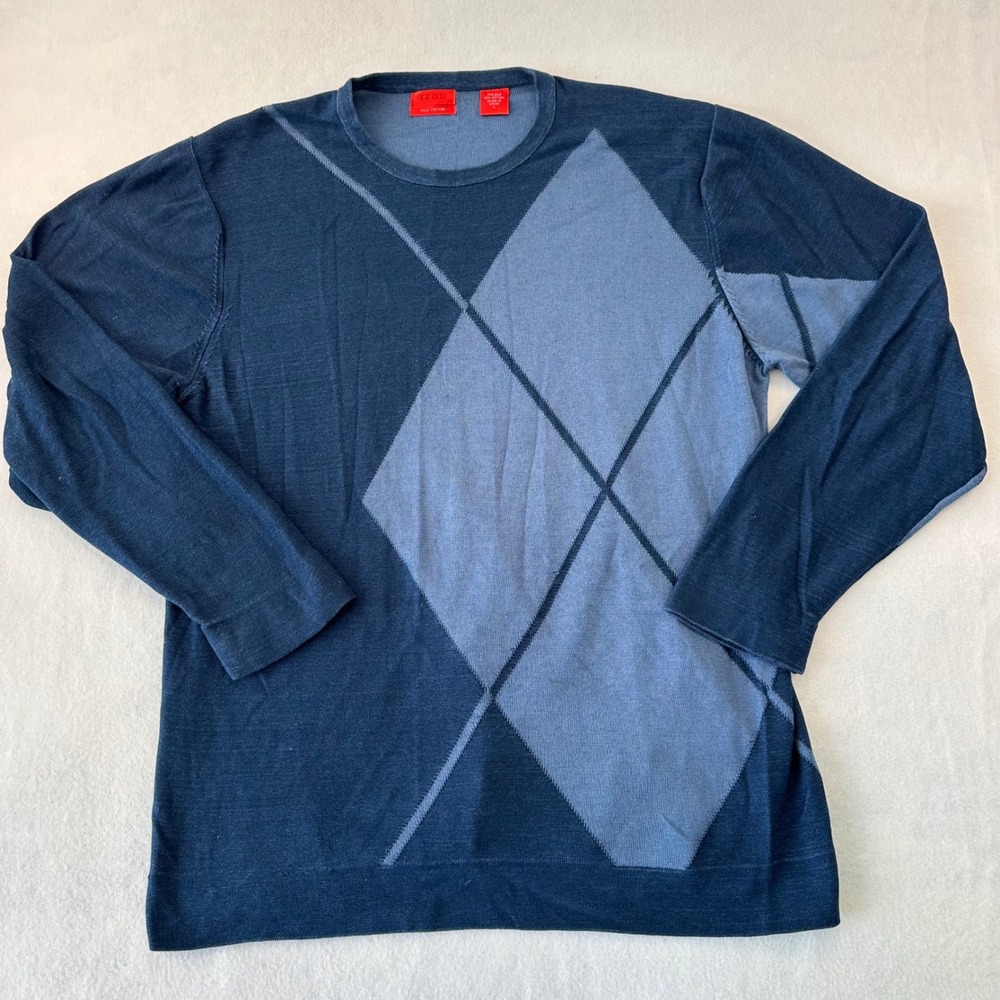 IZOD Mens Silk Cotton Argyle Sweater Blue Crew Neck Long Sleeve 4586001 L